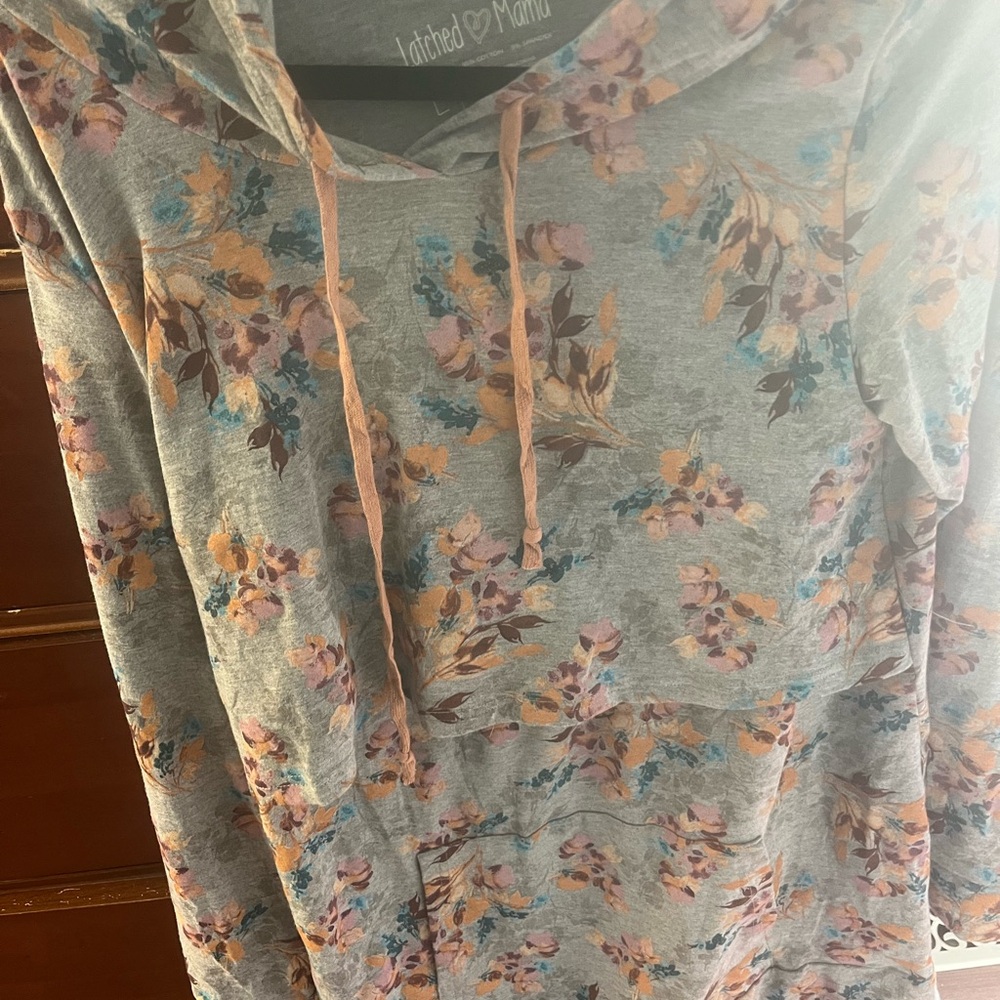 Floral Hooded Women’s Top - Gray with Pink & Blue Flowers